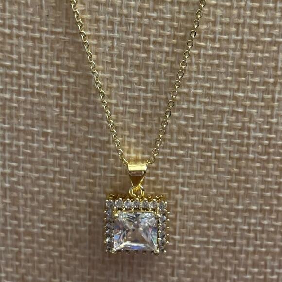 Square Halo Pendant on 18k Plated Chain - Picture 2 of 3